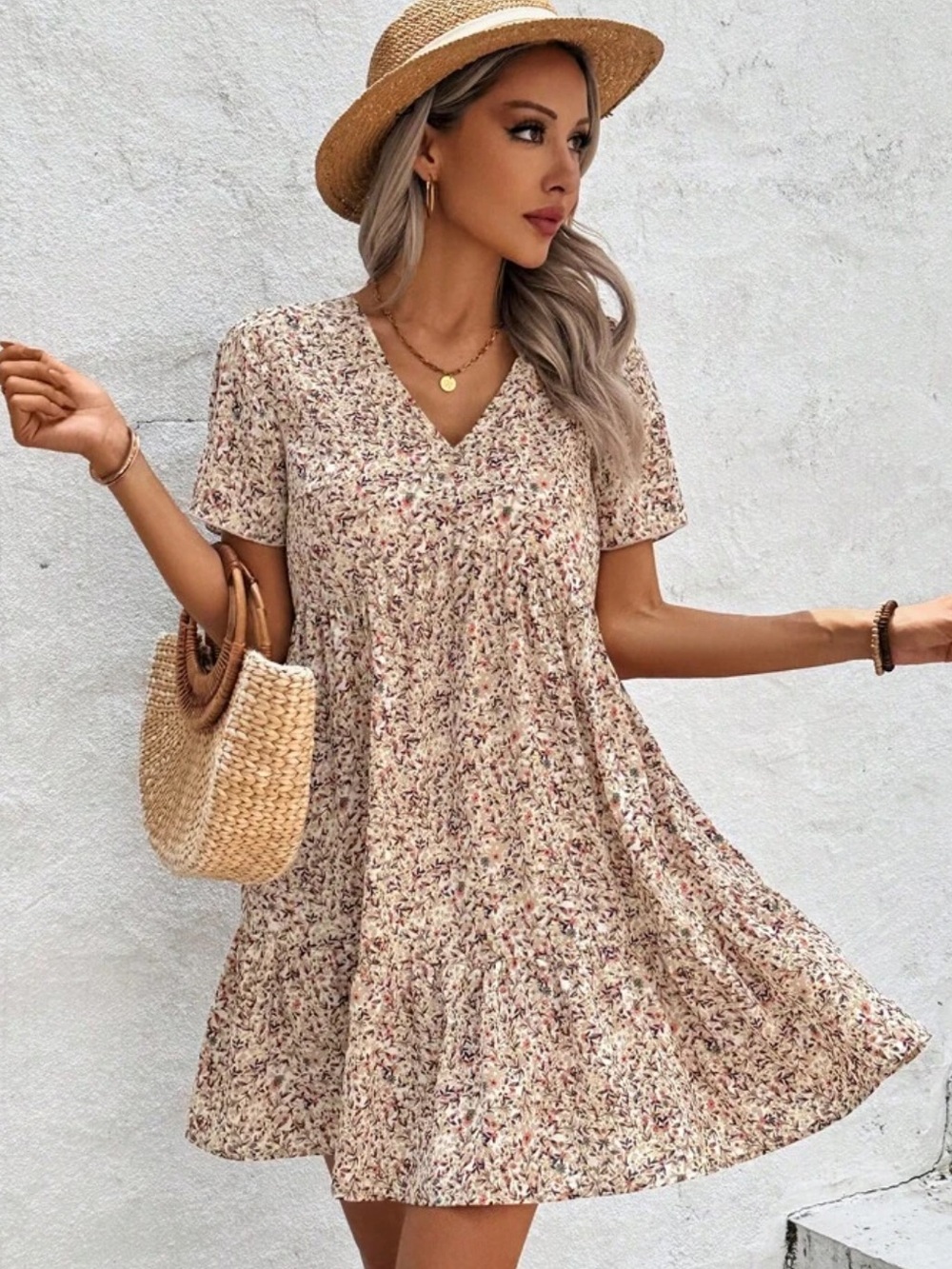 Floral V-Neck Short Sleeve Babydoll Dress - Beige Floral SHEIN